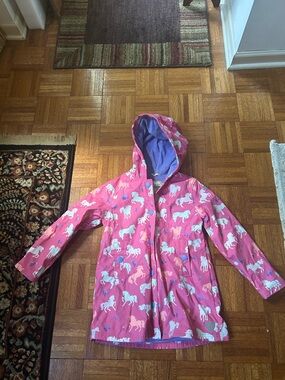 Hatley Pink Horse-Print Hooded Rain Jacket with Purple Lining
